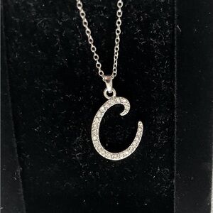 Elegant Silver Necklace with “C” Crystal Pendant. NEW!